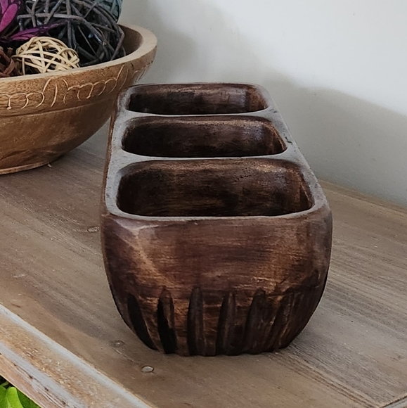 🌍 Rustic Brown Wooden Tray – Handcrafted in India 3-Compartment Organizer cute - Picture 3 of 16